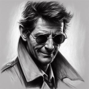 Portrait of Jack Kellman in charcoal. He wears round sunglasses, a trench-coat, has scruffy hair and beard.